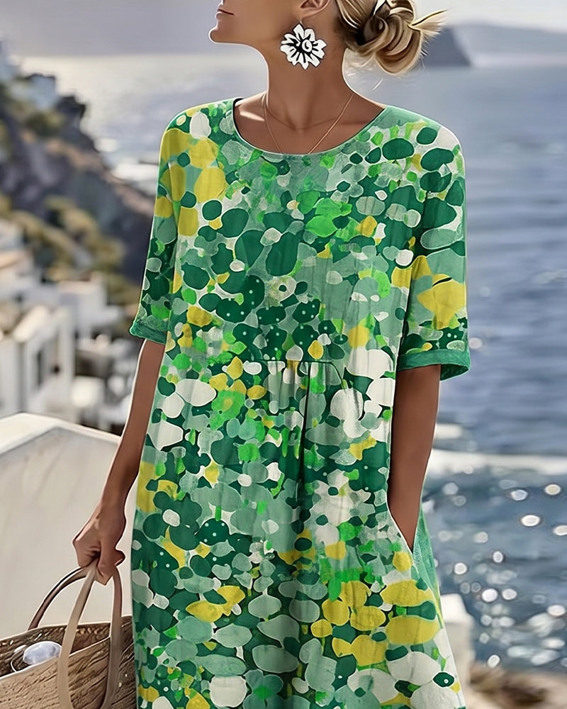 Vestido midi mujer algodón lino estampado bolsillos verano