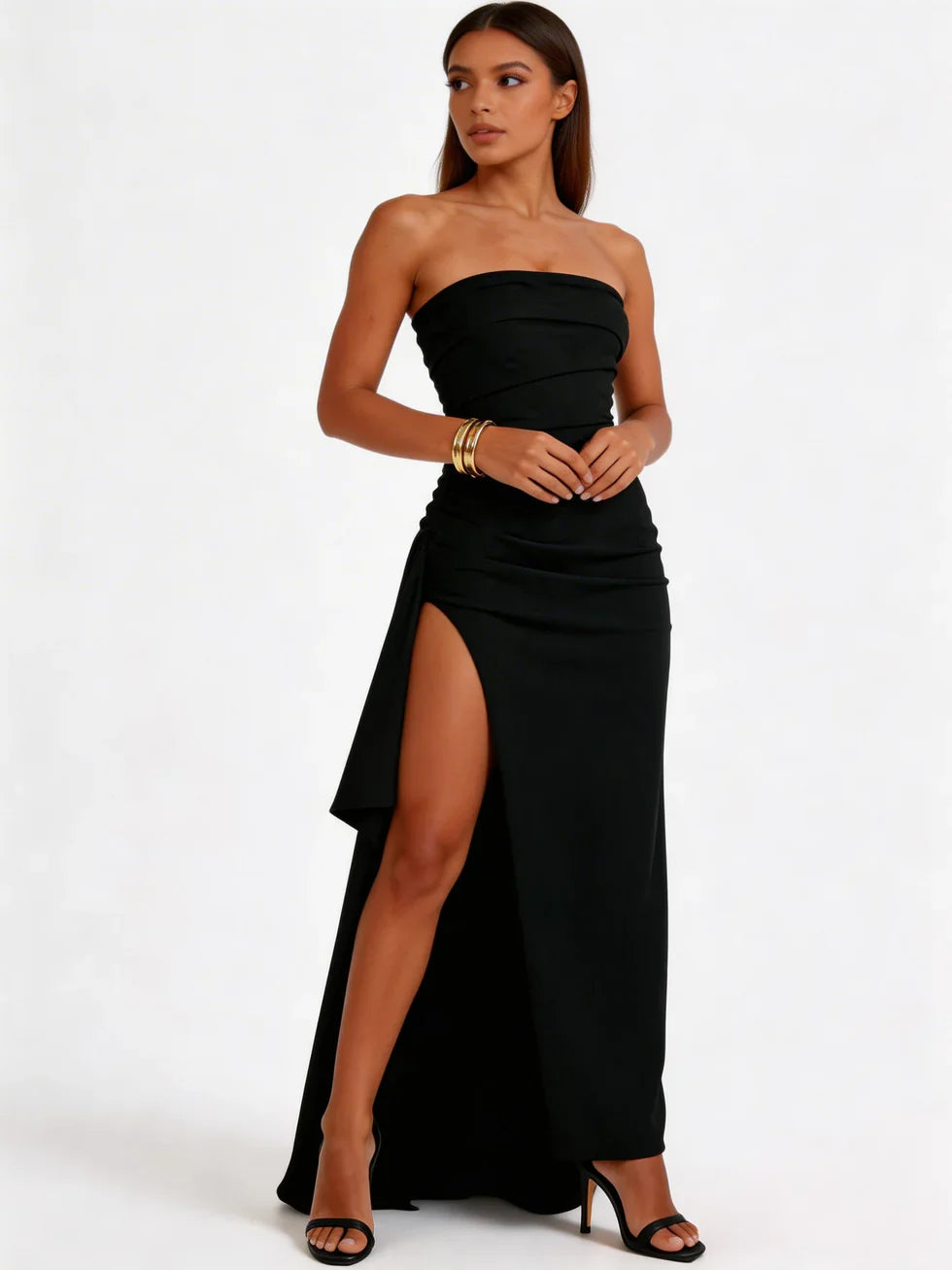 Vestido maxi mujer sin tirantes con abertura alta
