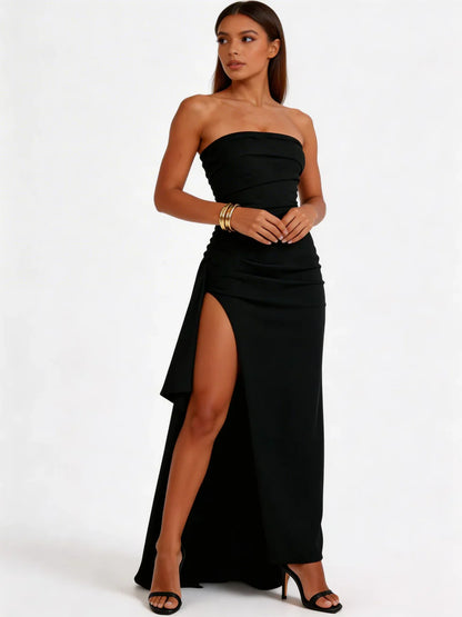 Vestido maxi mujer sin tirantes con abertura alta