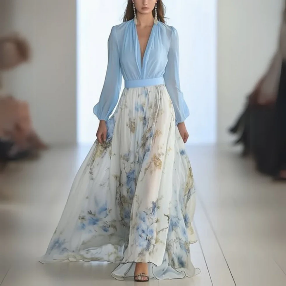 Vestido maxi mujer de gasa cuello en V