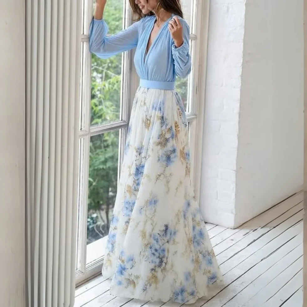 Vestido maxi mujer de gasa cuello en V - Mavetta