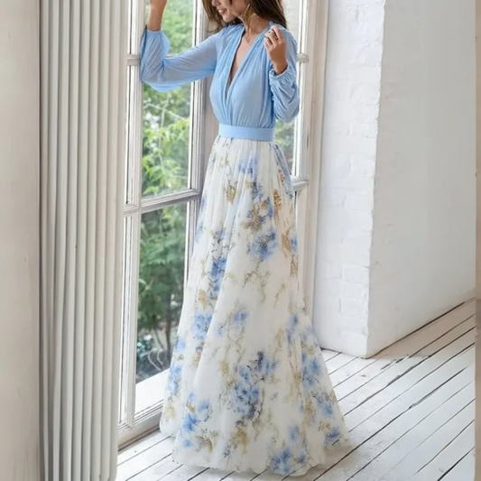 Vestido maxi mujer de gasa cuello en V - Mavetta
