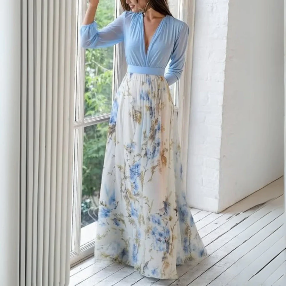 Vestido maxi mujer de gasa cuello en V