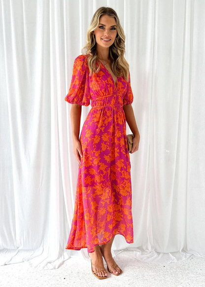 Vestido Mujer Estampado Cuello en V Manga Abullonada