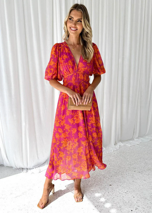 Vestido Mujer Estampado Cuello en V Manga Abullonada - Mavetta