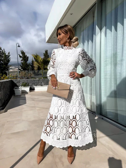 Vestido midi mujer de encaje manga larga