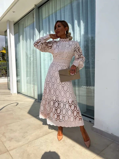 Vestido midi mujer de encaje manga larga