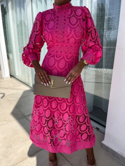 Vestido midi mujer de encaje manga larga