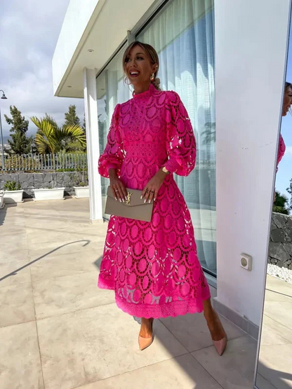 Vestido midi mujer de encaje manga larga