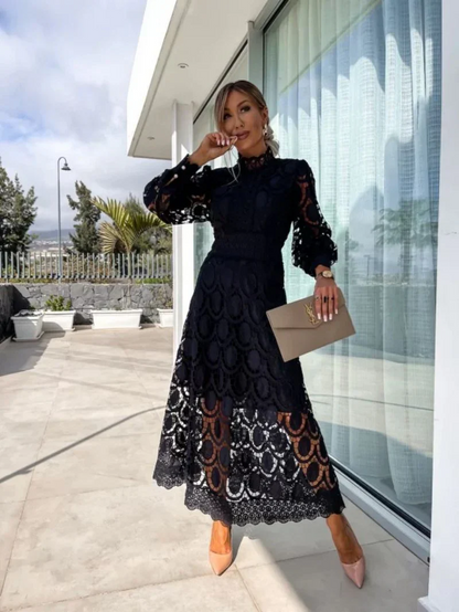 Vestido midi mujer de encaje manga larga