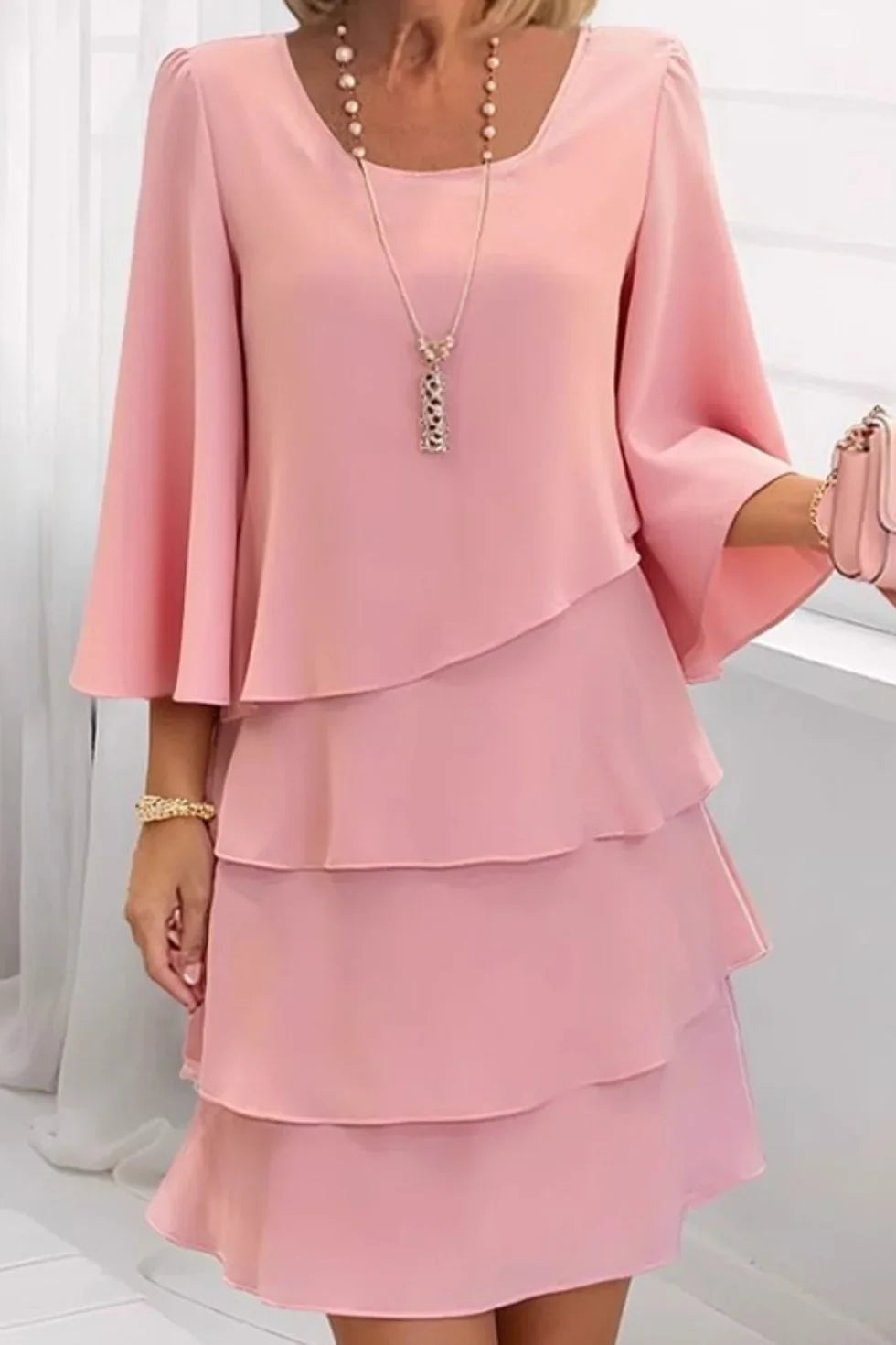 Vestido recto mujer mangas campana con volantes