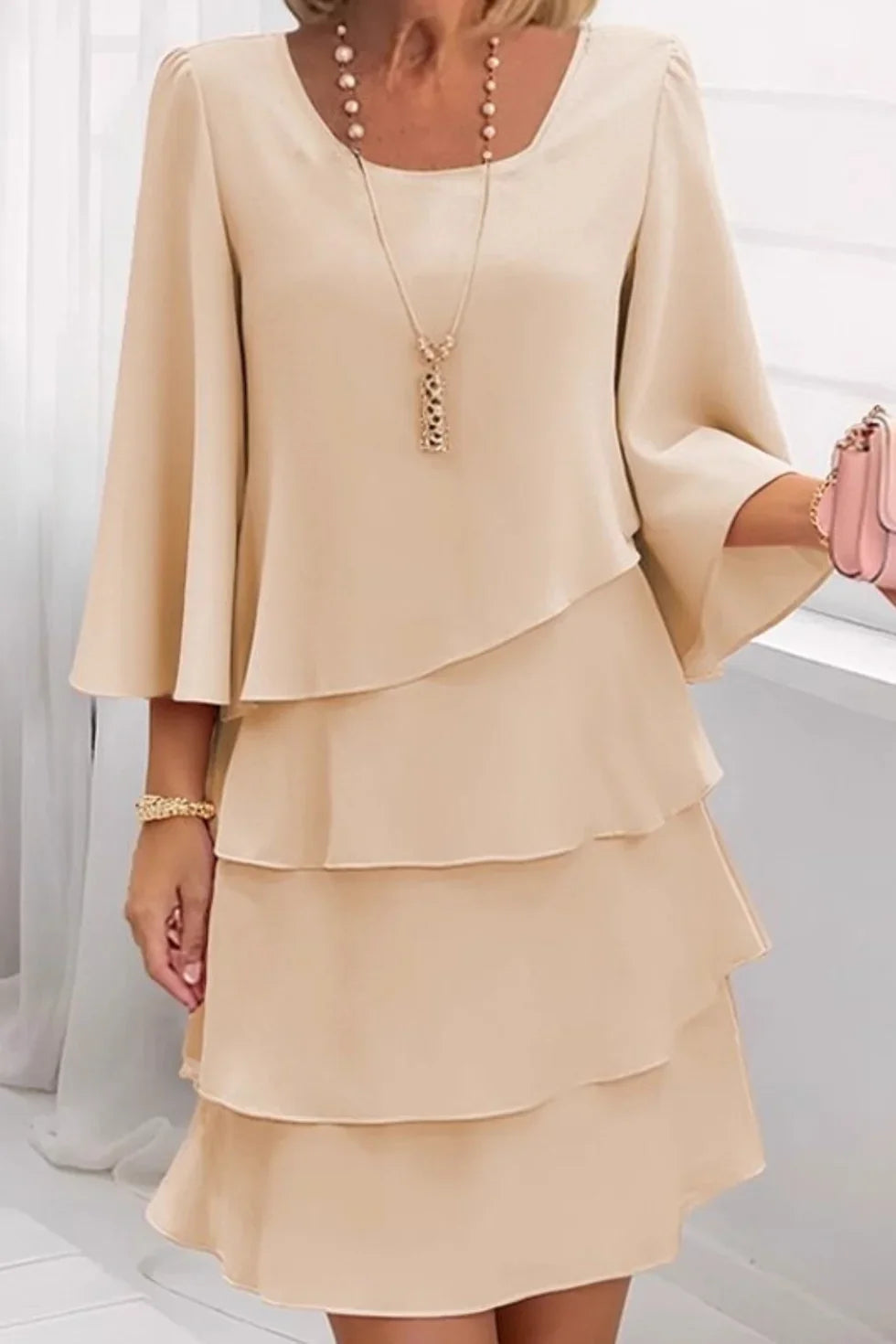 Vestido recto mujer mangas campana con volantes
