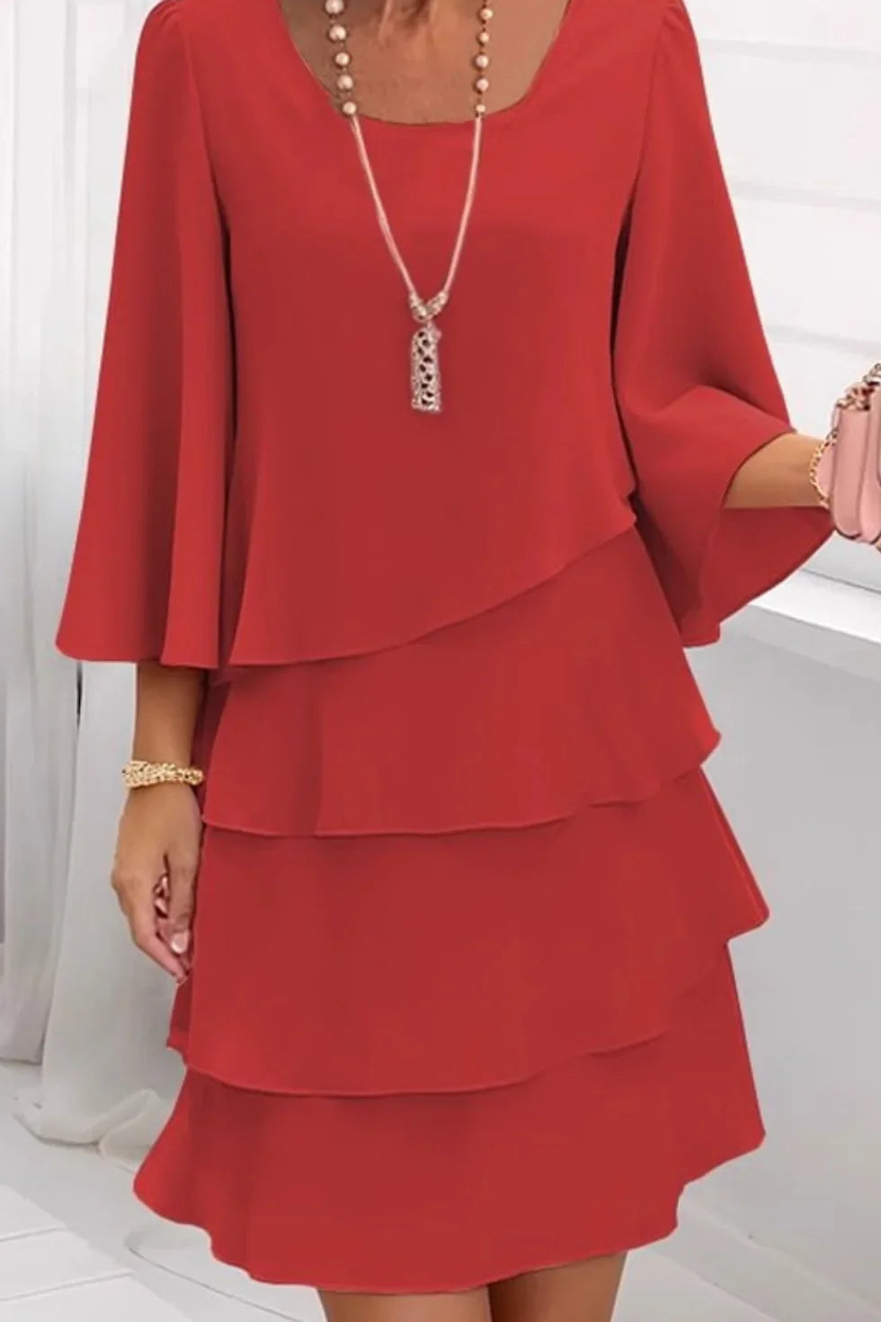 Vestido recto mujer mangas campana con volantes