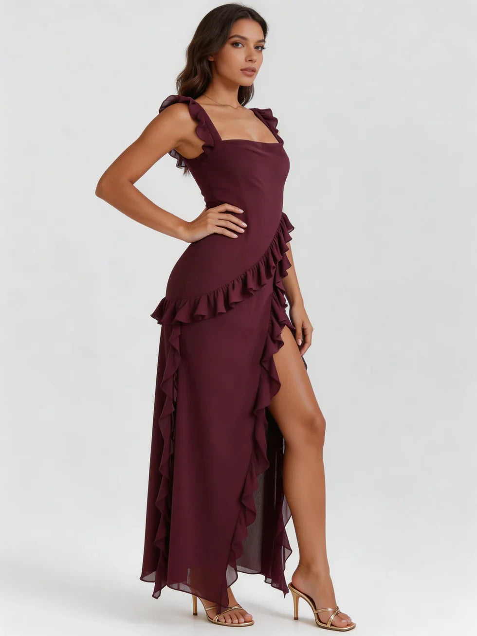 Vestido maxi Mujer escote cuadrado con volantes