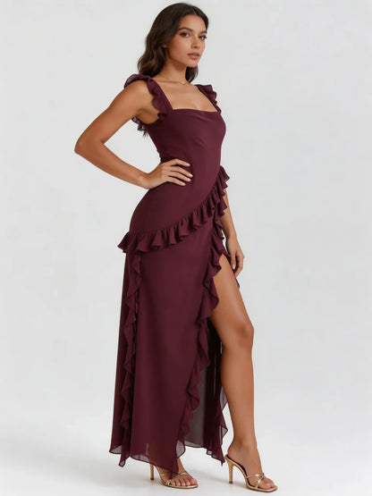 Vestido maxi Mujer escote cuadrado con volantes