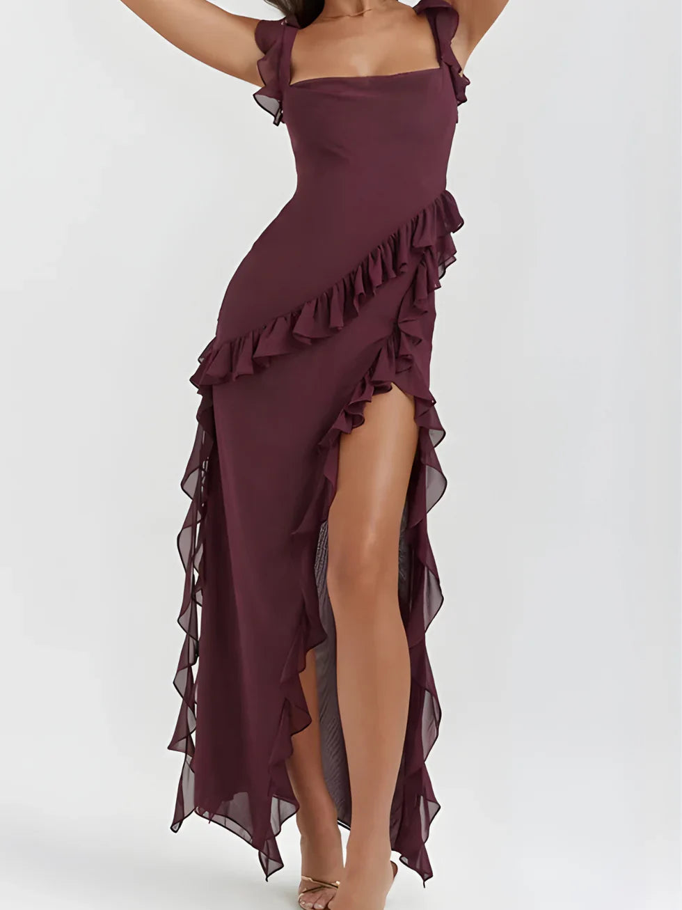 Vestido maxi Mujer escote cuadrado con volantes - Mavetta