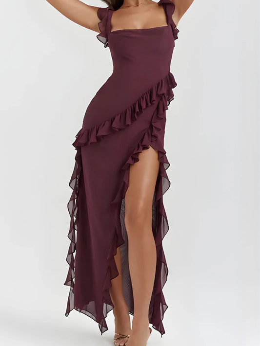 Vestido maxi Mujer escote cuadrado con volantes - Mavetta