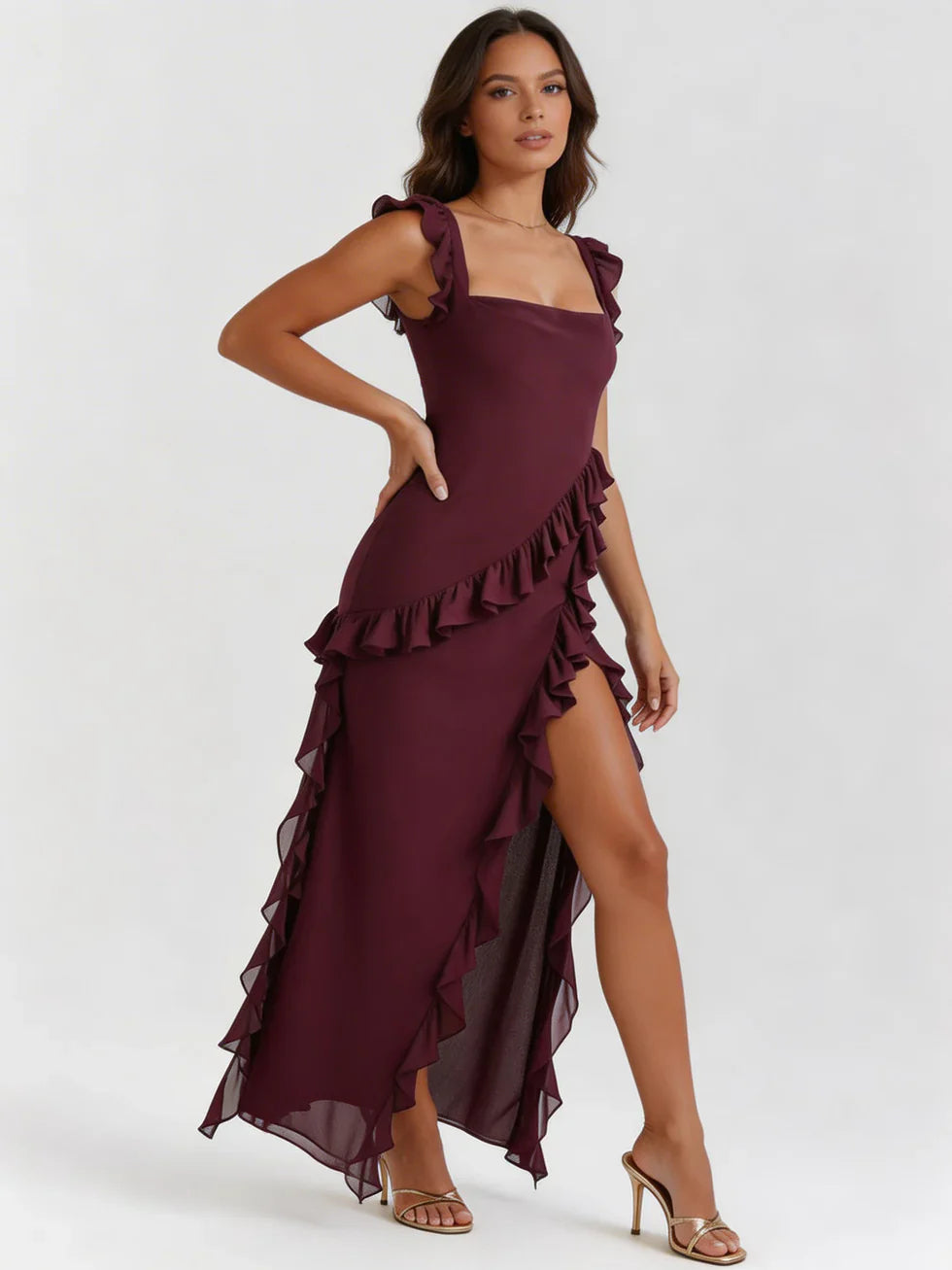 Vestido maxi Mujer escote cuadrado con volantes