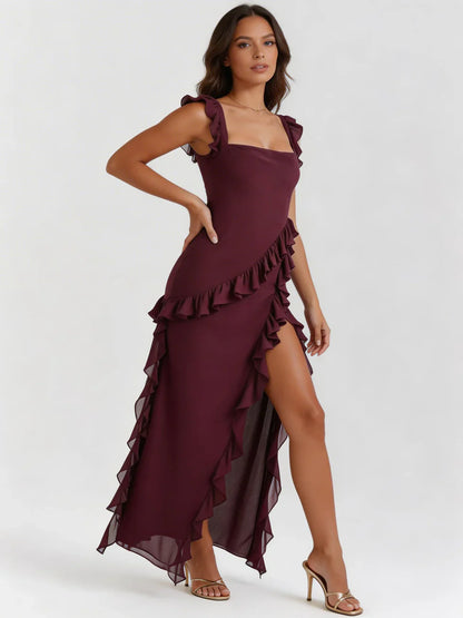 Vestido maxi Mujer escote cuadrado con volantes
