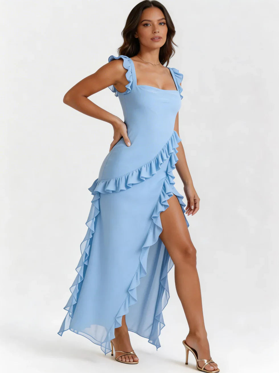 Vestido maxi Mujer escote cuadrado con volantes