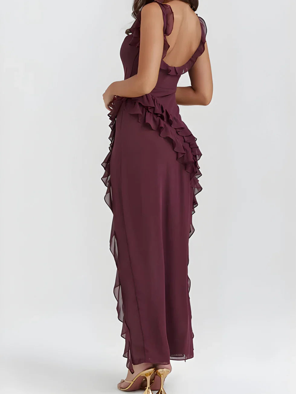 Vestido maxi Mujer escote cuadrado con volantes