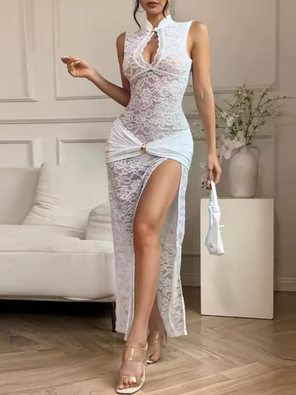 Vestido maxi mujer de encaje cuello alto abertura