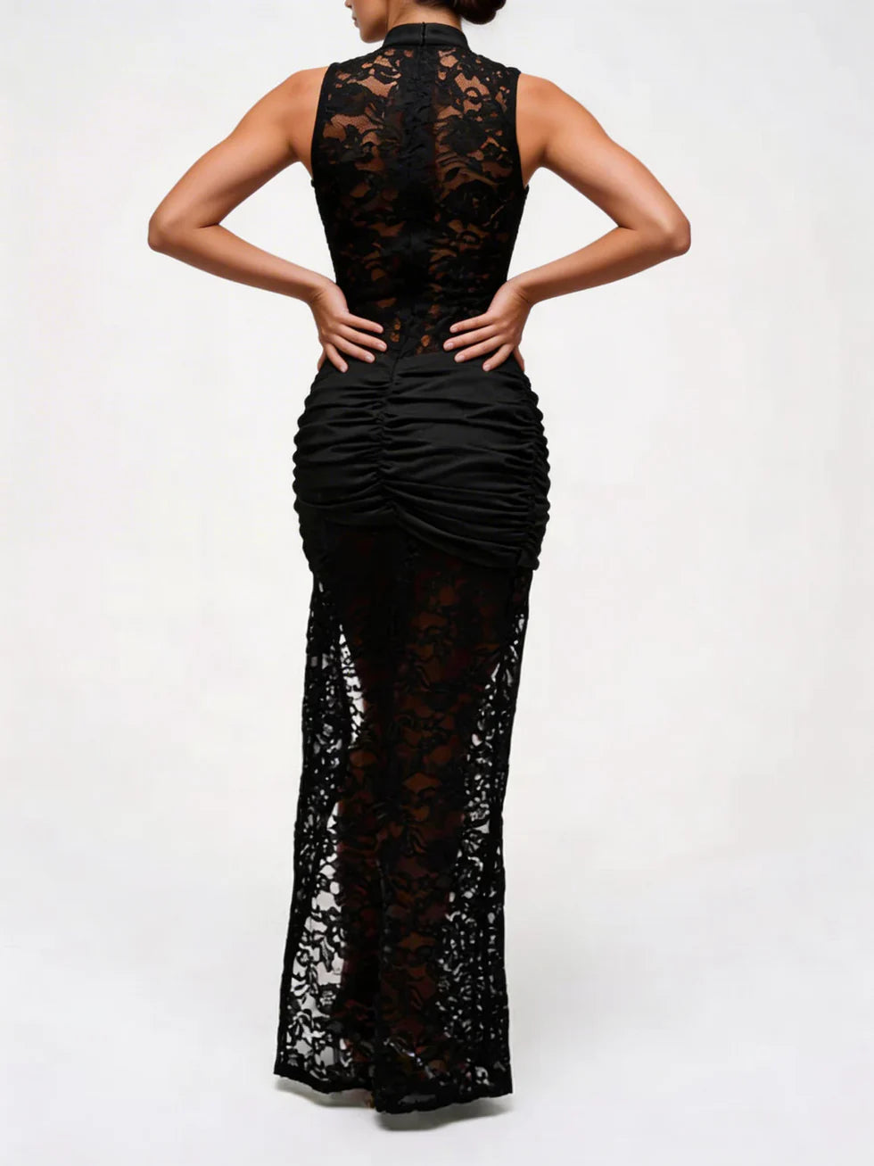 Vestido maxi mujer de encaje cuello alto abertura