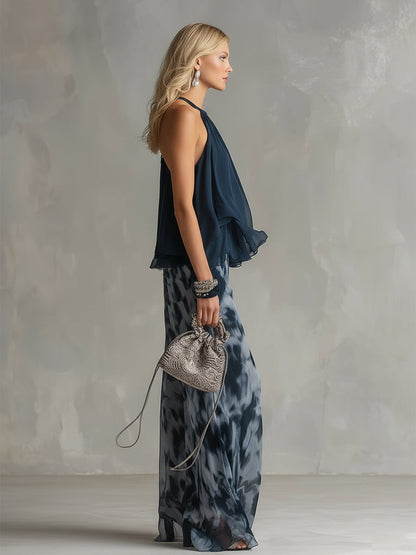 Conjunto Mujer de Chifón Halter Volantes Pantalón Ancho