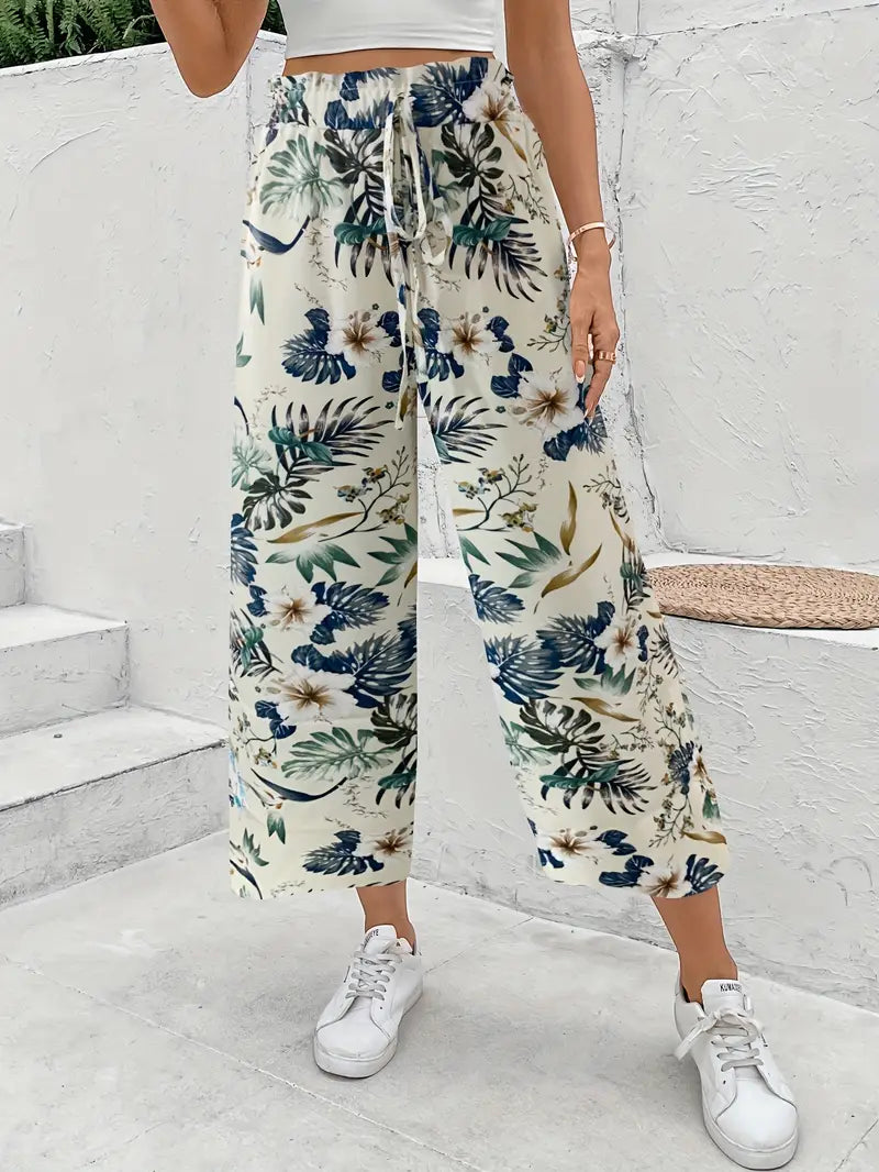 Pantalón Mujer Estampado Tropical Corte Ancho