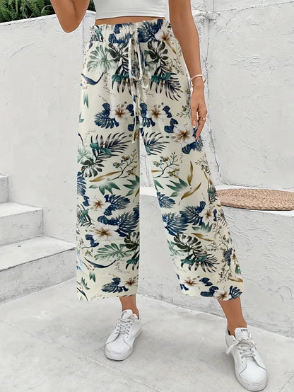 Pantalón Mujer Estampado Tropical Corte Ancho