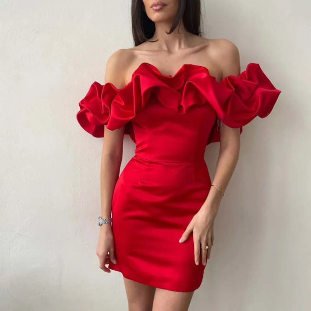 Vestido mini mujer sin tirantes con volantes para boda