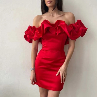 Vestido mini mujer sin tirantes con volantes para boda