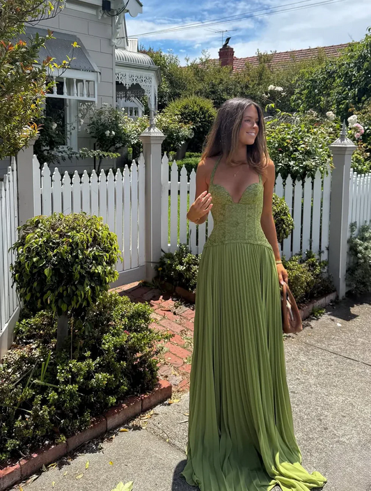 Vestido maxi Mujer plisado halter con corsé - Mavetta
