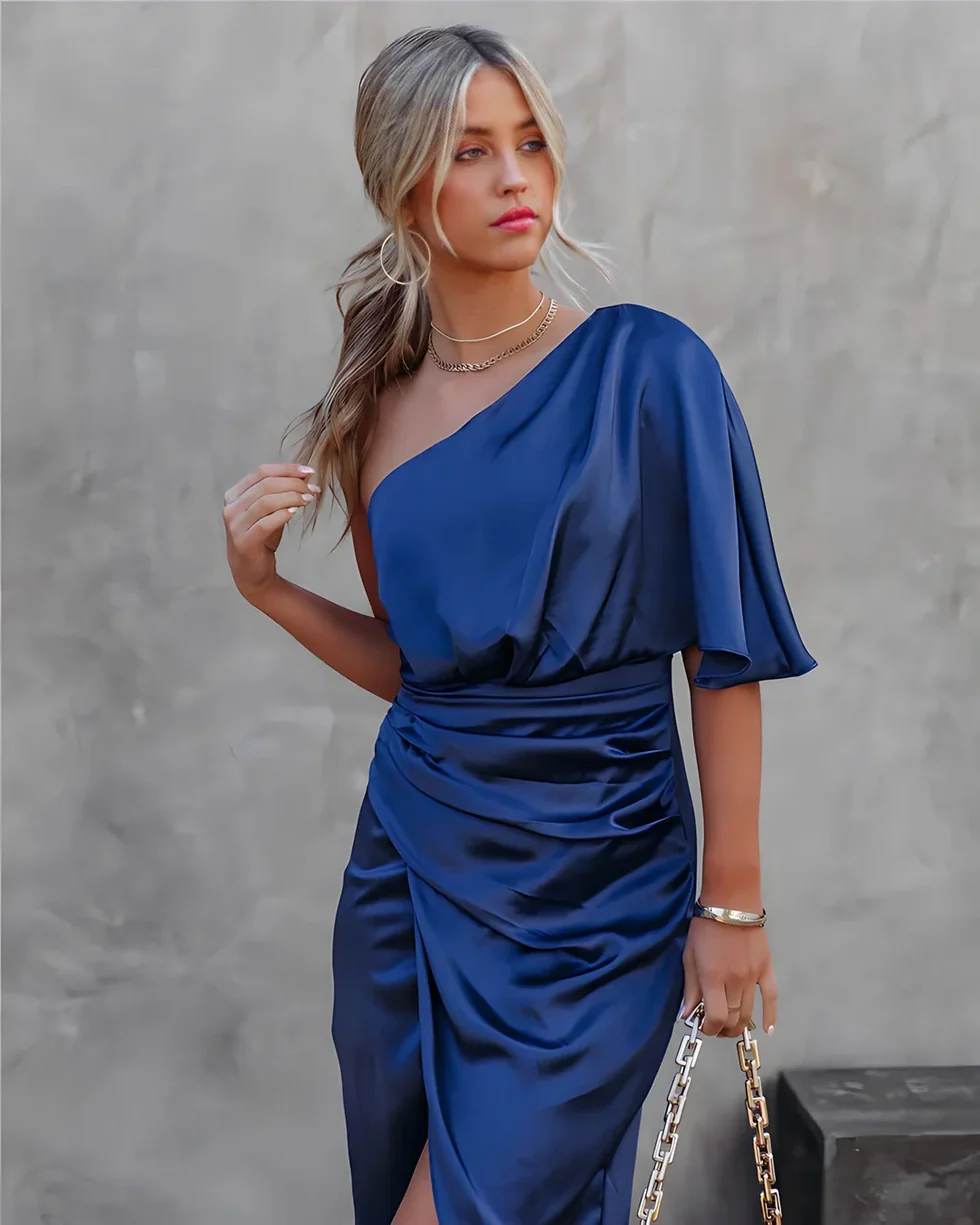 Vestido midi mujer de satén un hombro