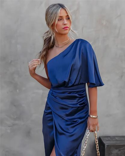 Vestido midi mujer de satén un hombro