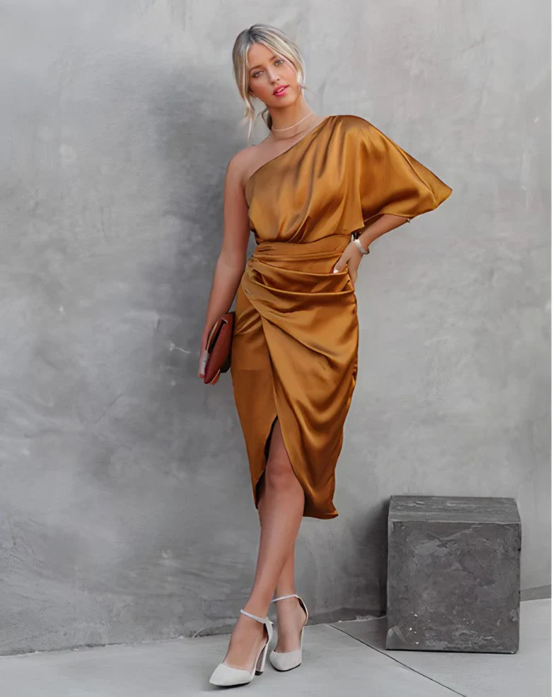 Vestido midi mujer de satén un hombro