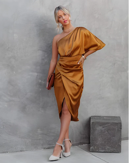 Vestido midi mujer de satén un hombro