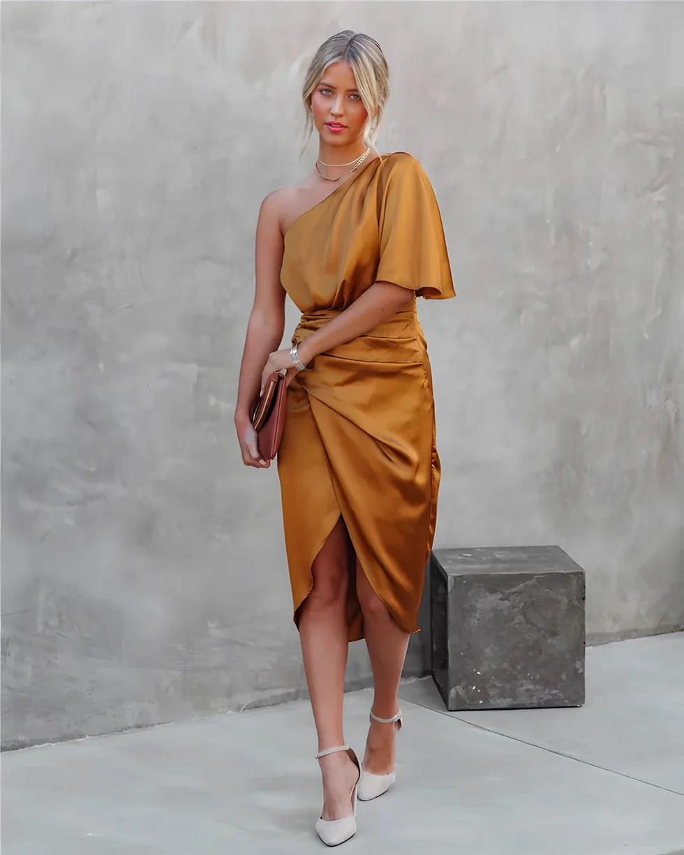 Vestido midi mujer de satén un hombro