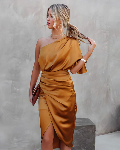 Vestido midi mujer de satén un hombro