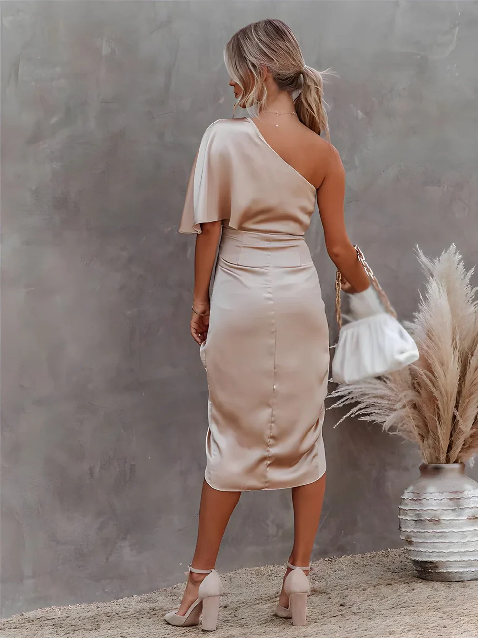 Vestido midi mujer de satén un hombro