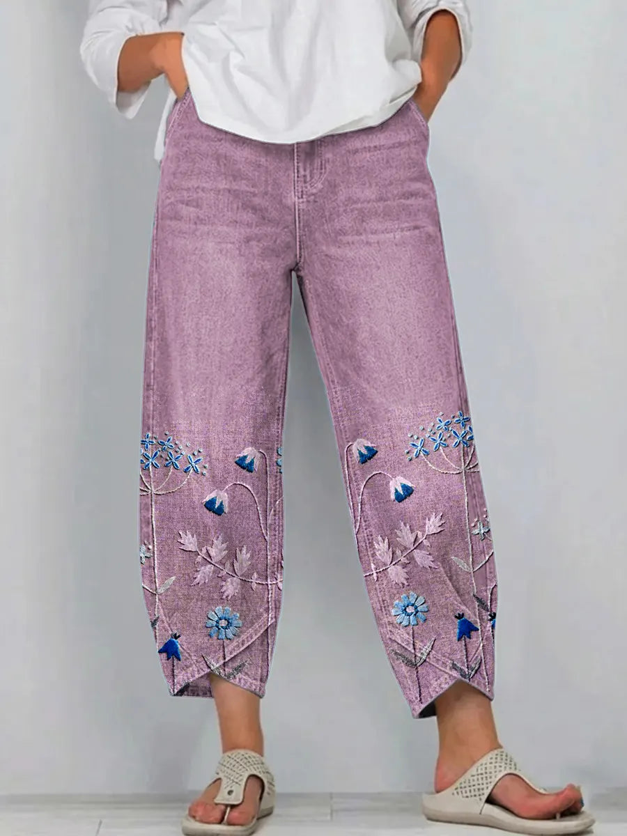 Pantalón mujer denim algodón bordado floral corte recto boho