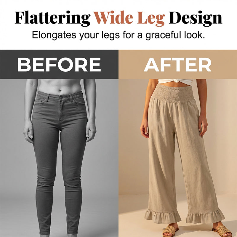 Pantalón mujer algodón y lino ancho tiro alto volante boho
