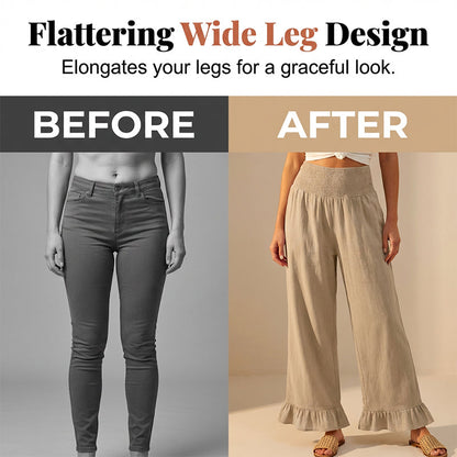 Pantalón mujer algodón y lino ancho tiro alto volante boho