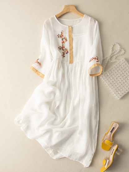 Vestido Mujer Bordado Manga Larga Cuello Redondo