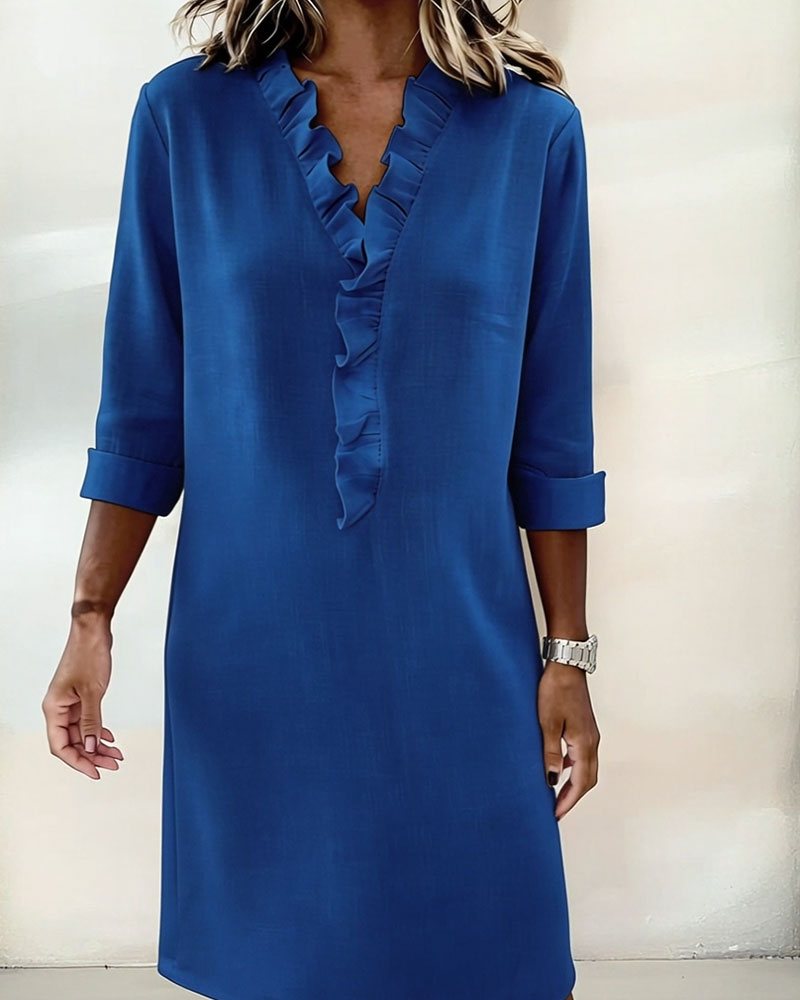 Vestido mujer lino algodón escote en V volantes casual