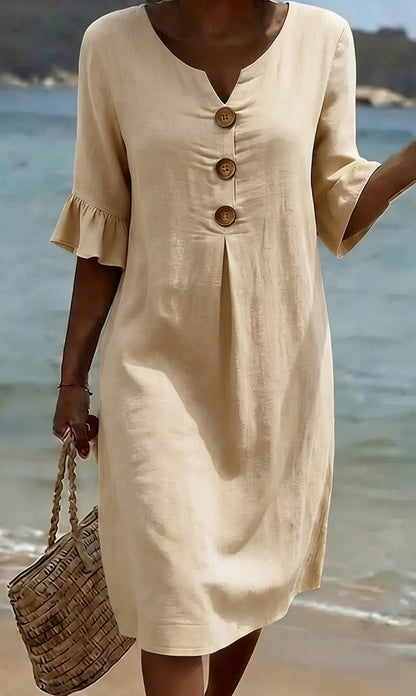 Vestido mujer algodón y lino suelto con botones verano
