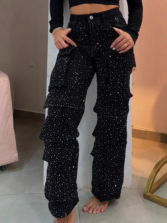 Pantalón Cargo Mujer con Efecto Brillante y Bolsillos Amplios - Mavetta