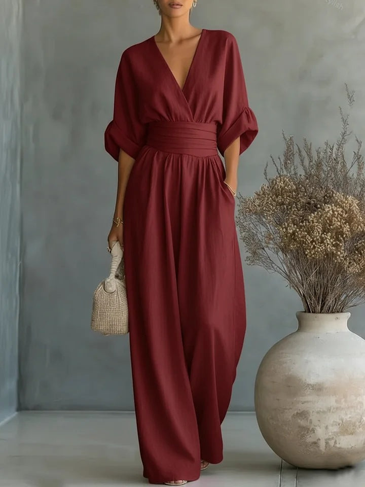 Mono mujer Pantalón ancho Cintura alta Escote en V