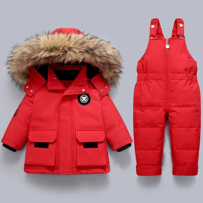 Mono de esquí niño y niña con capucha de piel sintética invierno