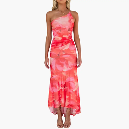 Vestido Mujer de Un Hombro Estampado Floral Elegante